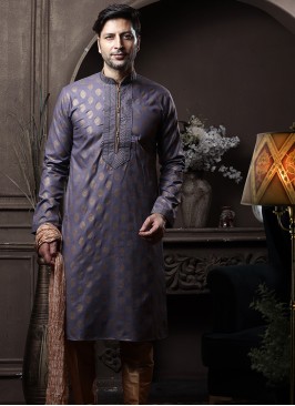 Grey Silk Kurta Pajama with Chikoo ArtSilk Trouser