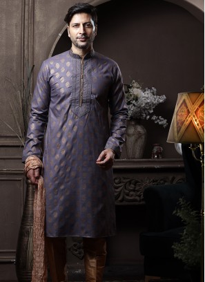 Grey Silk Kurta Pajama with Chikoo ArtSilk Trouser.