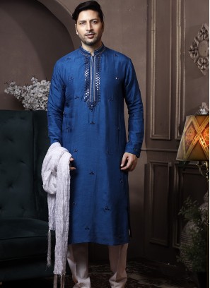 Dark Blue Silk Kurta Pajama with Off-White PolySilk Trouser.