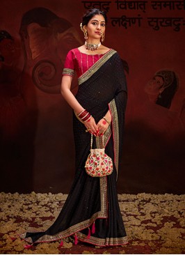 Black Vichitra Silk Festival Saree