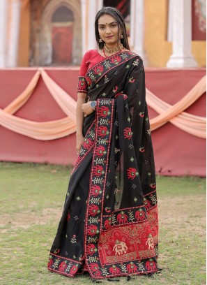 Black Vichitra Silk Mehndi Saree