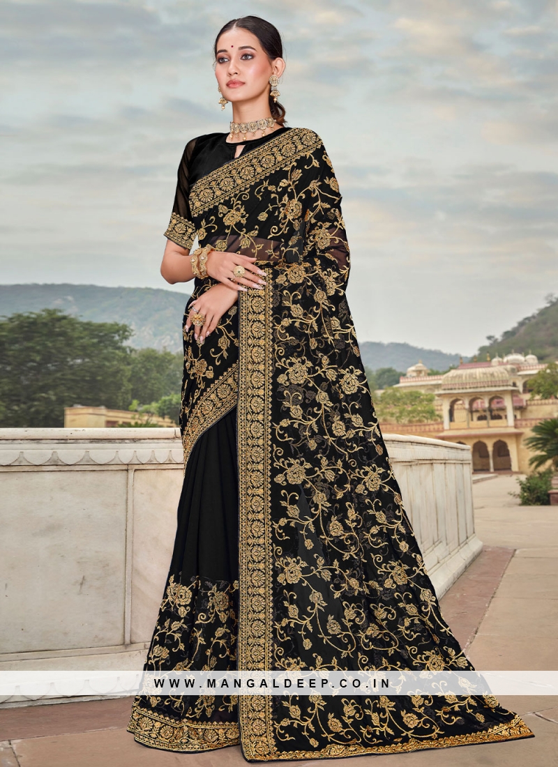 Buy Black Saree In Pure Handloom Silk With Woven Buttis And Broad Border  Along With Unstitched Blouse KALKI Fashion India