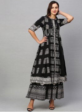 Black & White Pure Cotton Printed Kurta with Palaz