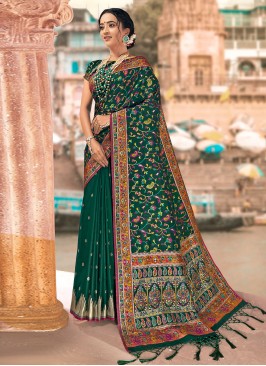 Blended Cotton Green Woven Saree