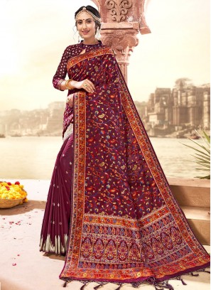 Blended Cotton Woven Purple Traditional Saree