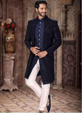 Blissful Blue and off white valvet/Art Silk Fabric Party Wear Mens 3 Pcs Indo Western Jacket Set.