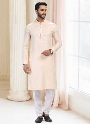 Blissful Cream Fancy Silk Fabric Festive Wear Mens Kurta With Bottom