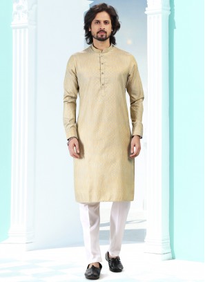 Blissful Two Tone Yellow & Sky Blue Fancy Silk Fabric Festive Wear Mens Kurta With Bottom