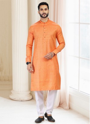 Blissful Orange Fancy Silk Fabric Festive Wear Mens Kurta With Bottom