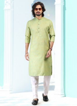 Blissful Pista Green Fancy Silk Fabric Festive Wear Mens Kurta With Bottom