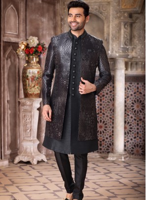 Blissful Black Art Silk Fabric Party Wear Mens 3 Pcs indo western jacket set.