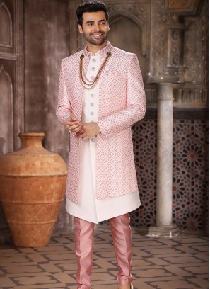 Blissful Cream Pink Art Silk Fabric Party Wear Mens 3 Pcs indo western jacket set.