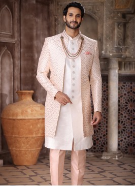 Blissful Cream Peach Art Silk Fabric Party Wear Mens 3 Pcs indo western jacket set.