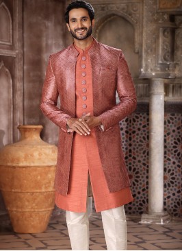 Blissful Salmon Art Silk Fabric Party Wear Mens 3 Pcs Indo Western Jacket Set.