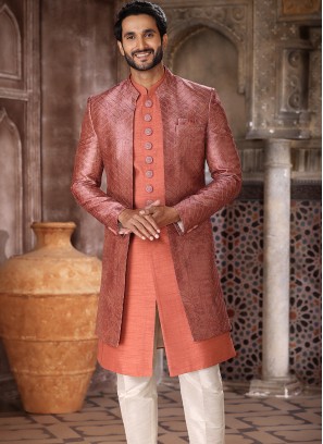 Blissful Salmon Art Silk Fabric Party Wear Mens 3 Pcs Indo Western Jacket Set.