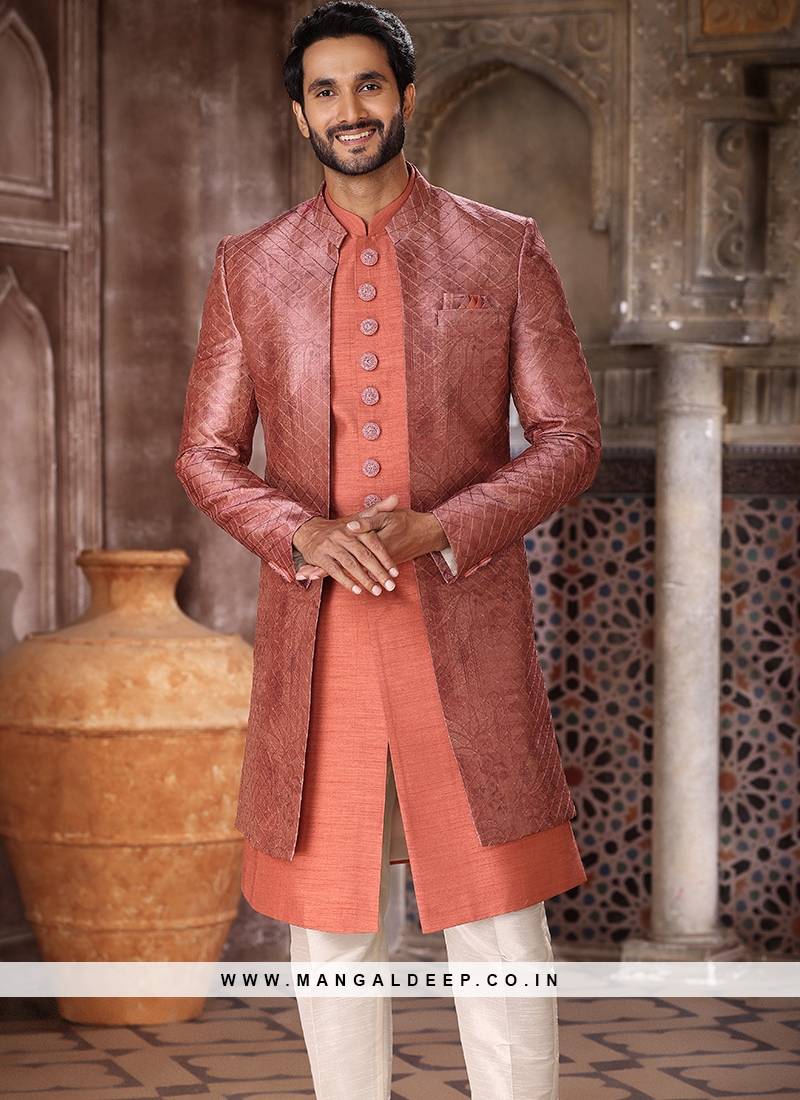 Blissful Salmon Art Silk Fabric Party Wear Mens 3 Pcs Indo Western Jacket  Set.