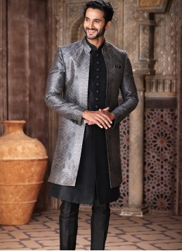 Blissful Black and Gray Art Silk Fabric Party Wear Mens 3 Pcs Indo Western Jacket Set.