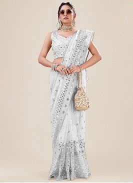 Blissful Machine Embroidery  White Designer Saree