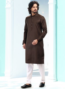 Blissful Coffee Color Fancy Silk Fabric Festive Wear Mens Kurta With Bottom