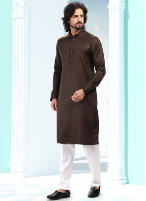 Blissful Coffee Color Fancy Silk Fabric Festive Wear Mens Kurta With Bottom