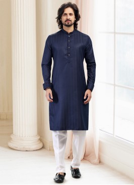 Blissful Blue Fancy Silk Fabric Festive Wear Mens Kurta With Bottom