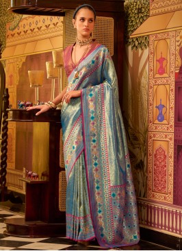 Blissful Morpeach  Zari Tissue Trendy Saree