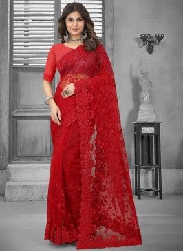 Blissful Red Net Contemporary Style Saree