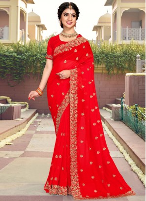 Blissful Red Stone Work Classic Saree
