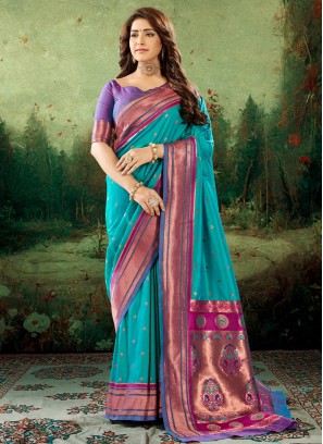 Blissful Silk Turquoise Border Trendy Saree