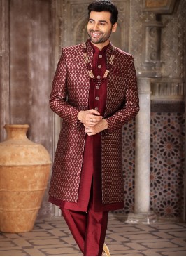 Blissful Wine Banarasi jacqard Fabric Party Wear Mens 3 Pcs Indo Western Jacket Set.