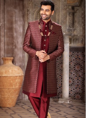 Blissful Wine Banarasi jacqard Fabric Party Wear Mens 3 Pcs Indo Western Jacket Set.