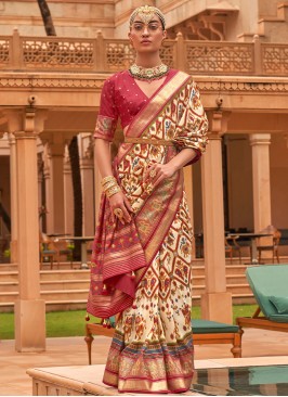 Blooming Foil Print Patola Silk  Beige Trendy Saree