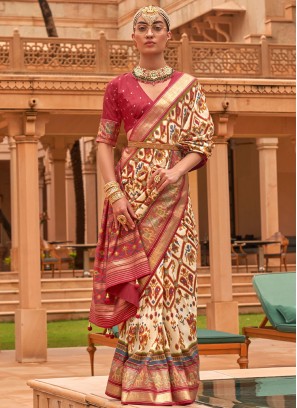 Blooming Foil Print Patola Silk  Beige Trendy Saree