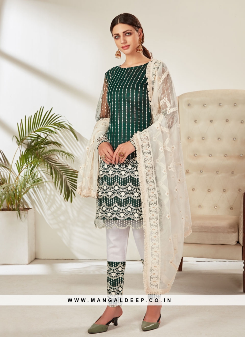 Blooming Green Embroidered Net Pant Style Suit