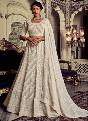 Blooming Off White Beads Georgette Trendy Lehenga Choli