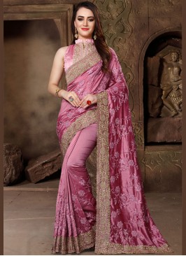 Blooming Pink Patch Border Art Silk Designer Traditional Saree