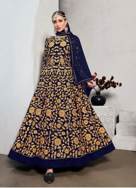 Blooming Pure Georgette Navy Blue Embroidered Salwar Suit