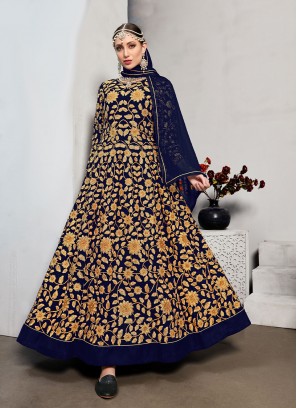 Blooming Pure Georgette Navy Blue Embroidered Salwar Suit