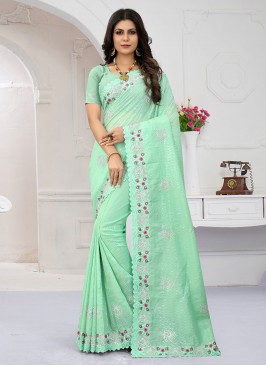 Blooming Sequins Green Organza Trendy Saree