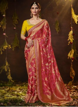 Blooming Silk Bandhej Red Saree