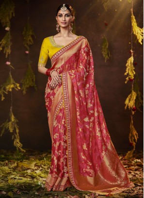 Blooming Silk Bandhej Red Saree