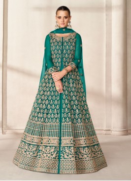 Blooming Turquoise Festival Designer Floor Length Suit