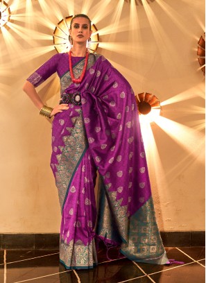 Blooming Weaving Purple Silk Contemporary Style Saree