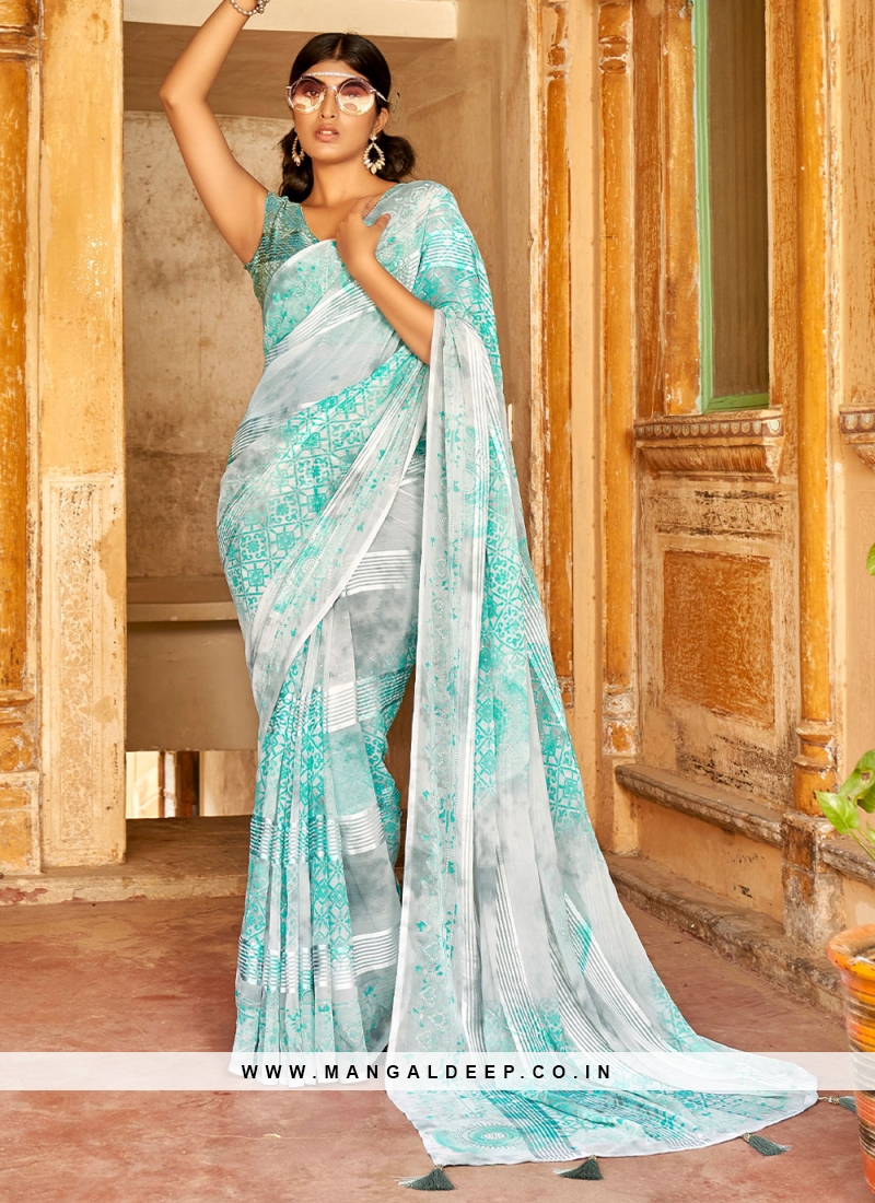 Blue Abstract Print Casual Contemporary Style Saree