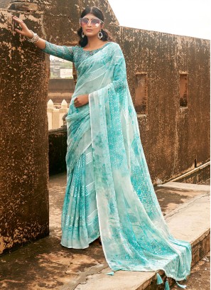 Blue Abstract Print Weight Less Contemporary Saree