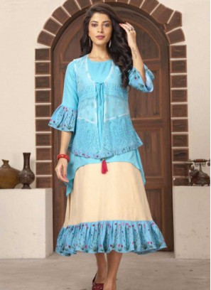 Blue And Beige Color Rayon Kurti With Koti