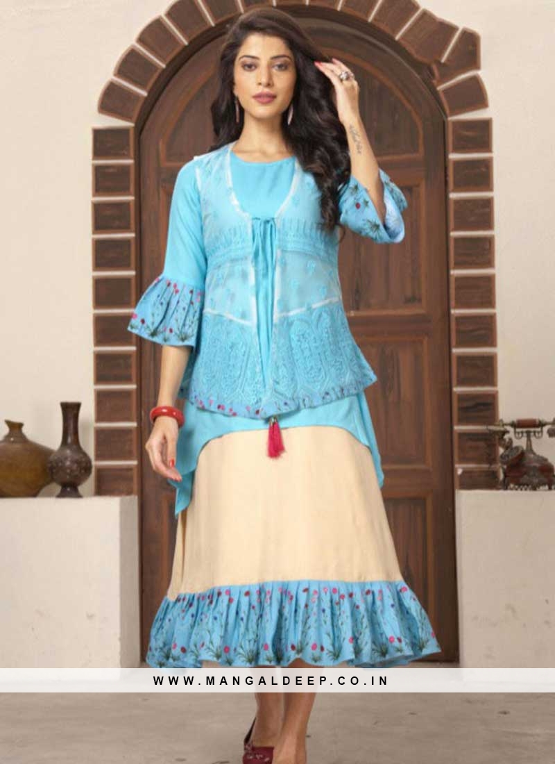 Blue And Beige Color Rayon Kurti With Koti