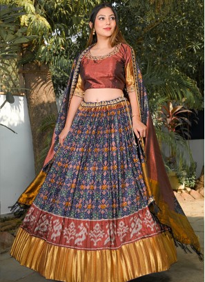 Blue And Gold Color Silk Fancy Lehenga