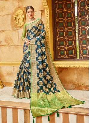 Blue And Green Color Silk Saree