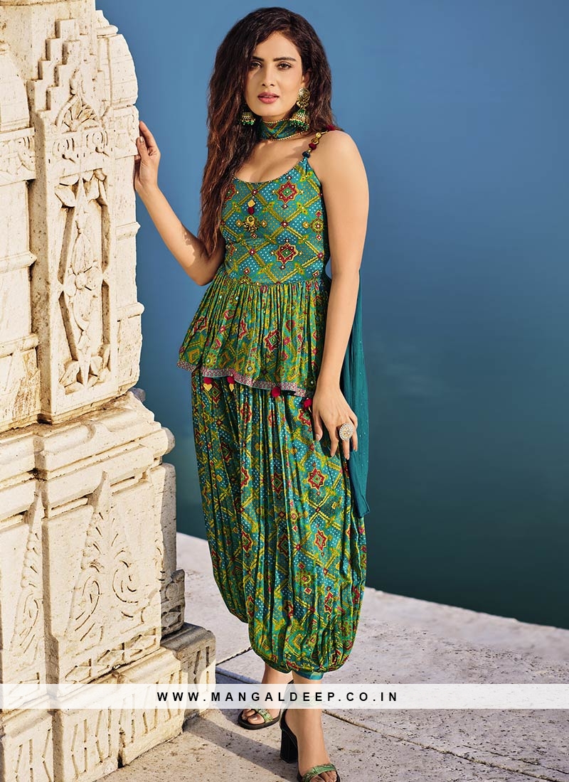 Green Silk Patola Top With Harem Pants